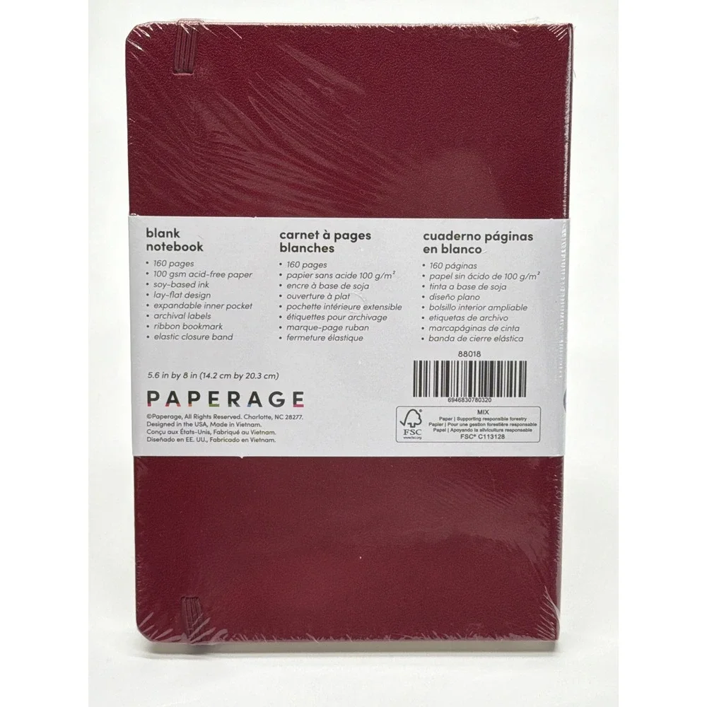 Paperage Blank Notebook Burgundy Red 160 Pages 5.6x8 Hardcover Journal 88018 NEW